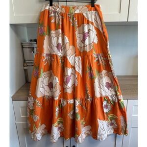 Cynthia Rowley Floral Maxi Skirt Womens M Orange Linen Blend Tiered Resort Boho